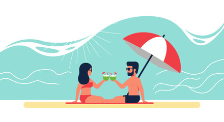 Couple Enjoying Tropical Drinks Under Beach Umbrella During Vacation