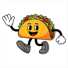 Walking taco casually cartoon mascot illustration character vector clip art hand drawn style perfect for casual food themed and fun character designs.