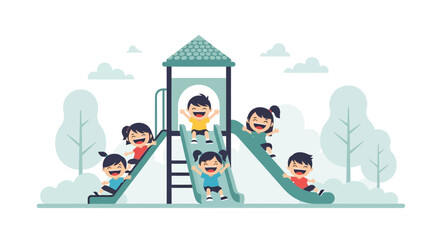 Excited Children Enjoying Slides at Playground Illustration For Fun Activity