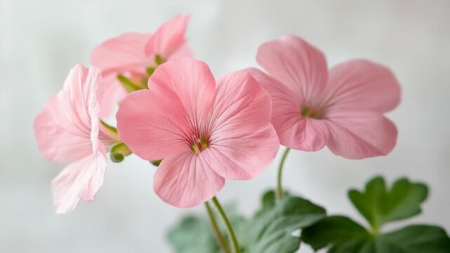 Delicate pink geranium flowers blooming with vibrant green leaves in soft natural light