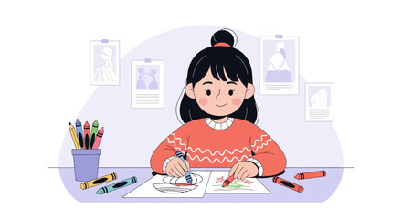 Fototapeta premium Creative Girl Enjoying Art Time With Colorful Crayons At Home Illustration