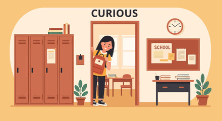 Curious Student Peeking Into Classroom With Backpack In School Hallway