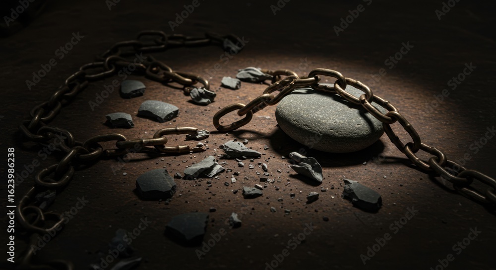 Poster the fragile beauty of broken chains and a stone - a unique exploration of defiance and resilience in