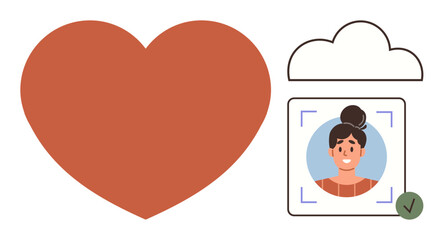 Large red heart next to a cloud icon with a verified photo of a woman in an orange top. Ideal for social media identity, profile authentication, cloud storage, user data privacy, secure login