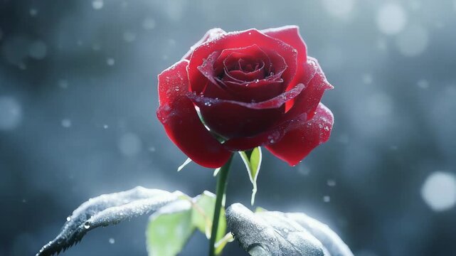 Beautiful red rose with dewdrops and snowfall in a winter garden