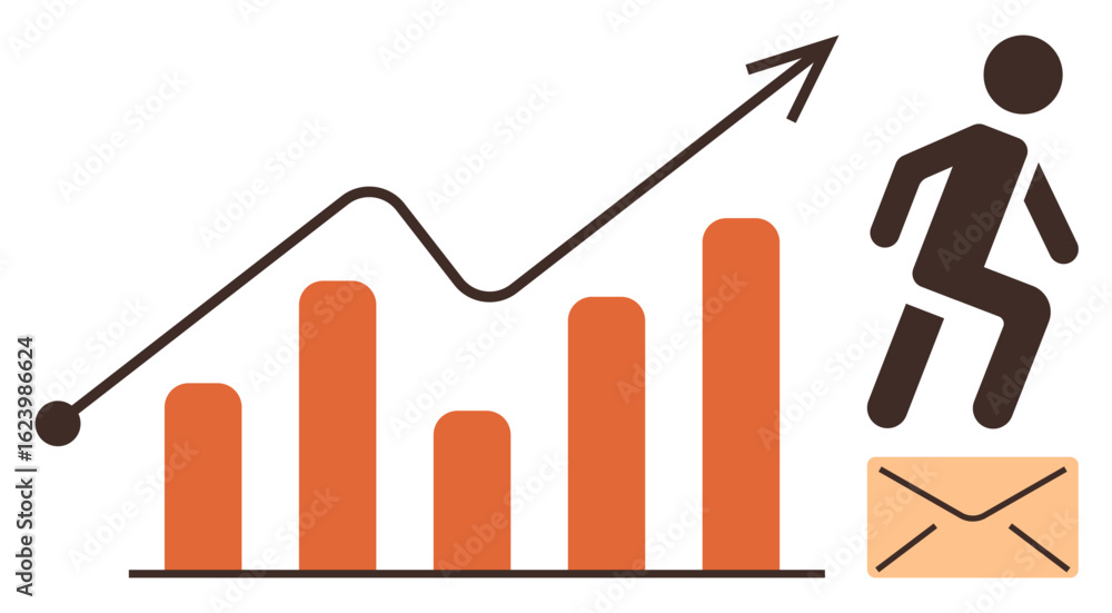 Aufkleber bar chart with upward arrow symbolizes growth. figure climbing envelope steps conveys progress and a