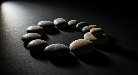 Fototapeta premium Artistic Arrangement of Stones in a Circle on a Dark Surface Capturing Natural Serenity and Calmness