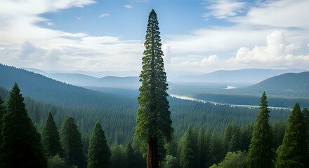 Towering sequoia tree reaching towards the sky with lush green forest and serene mountains in the background, creating a stunning natural landscape