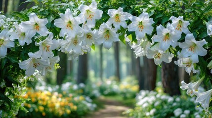 Fototapeta premium Lily cotton under arbor crown concept. A beautiful arch of white lilies in a serene forest path.