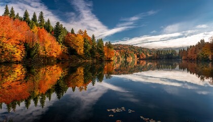 Fototapeta premium vibrant autumn leaves reflecting serene lake surrounded scenic nature tranquil wilderness reflection water trees foliage forest scenery landscape