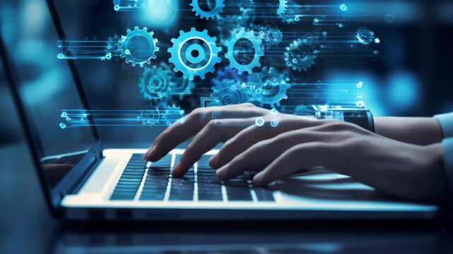 Hands Typing on Laptop with Digital Gears and Technology