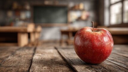 A single red apple rests on a rustic wooden table in a blurred classroom setting