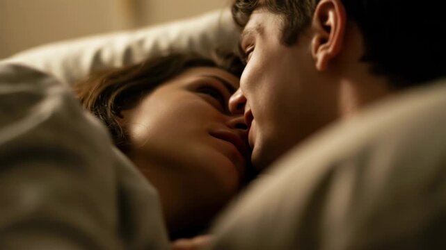 Couple kissing intimately in bed at night, conveying love and romance