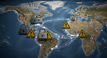 Global Cybersecurity Threats: Padlocks and Warning Signs on World Map