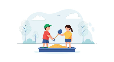 Happy Kids Playing Together in Sandbox Outdoor on Beautiful Sunny Day