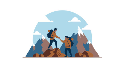 Fototapeta premium Friendship And Assistance Reaching Mountain Summit With Backpacks Vector Illustration