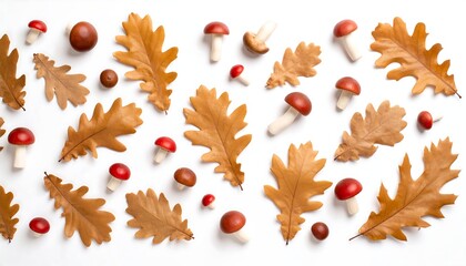 Autumnal arrangement of leaves and mushrooms on a white background