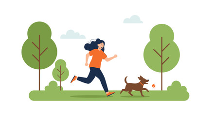 Fototapeta premium Happy Woman And Her Dog Running Outdoors In Park Together