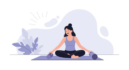 Happy Woman In Lotus Position With Yoga Mat For Fitness And Wellbeing