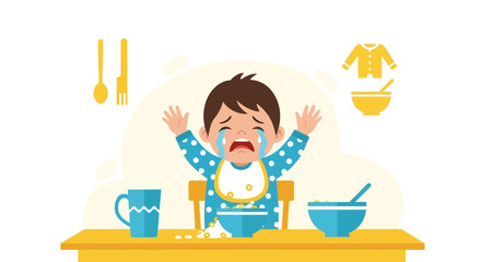 Frustrated Infant Refuses Breakfast, Crying Over Scattered Cereal On Table