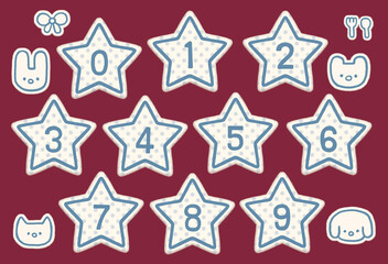 Cute Numbers and Animal Icons on Star-Shaped Labels , Vintage and Kawaii Style.  for children . 