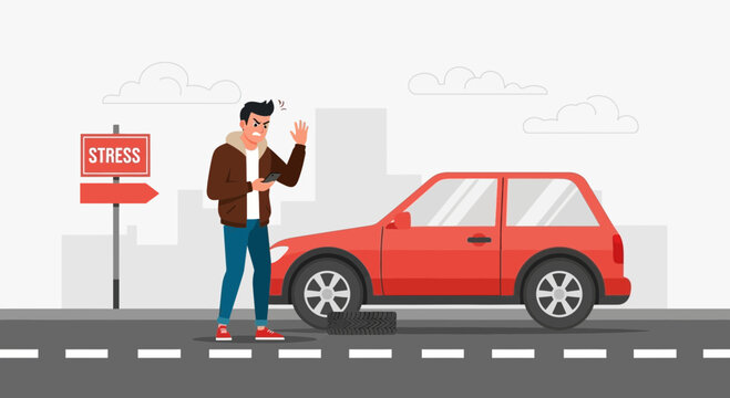 Frustrated Man Calling Roadside Assistance After Flat Tire Car Breakdown Trouble