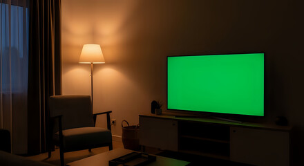 Living room with modern decor featuring a blank green screen TV, perfect for showcasing entertainment or advertising content.