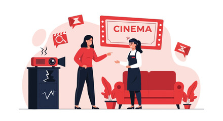 Frustrated Woman Complaining To Angry Cinema Worker About Broken Projector