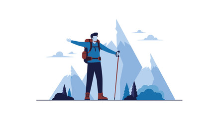 Fototapeta premium Hiker Reaching Mountain Peak Enjoying Success And Freedom Concept Illustration