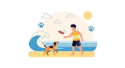 Fototapeta premium Fun Beach Day With a Dog Playing Frisbee Outdoors Under the Summer Sun