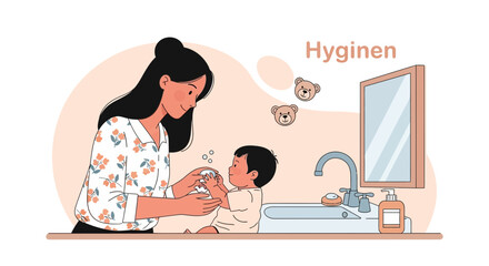 Gentle Moments: Mother Washing Her Baby's Hands with Care in the Bathroom