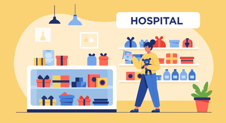 Gift Shop In Hospital With A Woman Holding A Teddy Bear And Book