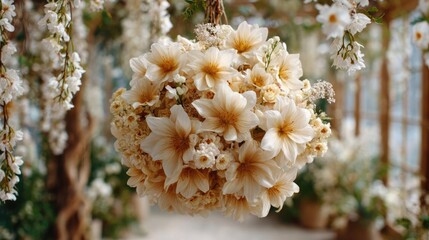 Lily cotton under arbor crown concept. A beautiful floral arrangement hanging elegantly indoors.