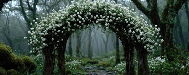 Lily cotton under arbor crown concept. Serene floral archway in a misty forest landscape.