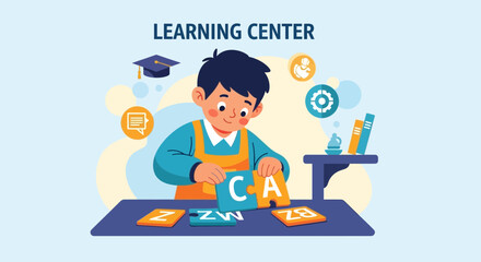 Joyful Boy Engaged In Educational Puzzle Game At Learning Center Cartoon