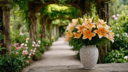 Lily cotton under arbor crown concept. A vibrant bouquet of lilies in a serene garden pathway.