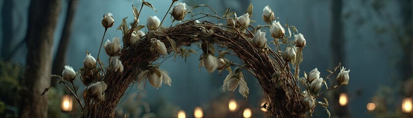 Lily cotton under arbor crown concept. A whimsical floral arch in a serene forest setting, glowing softly.