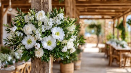 Lily cotton under arbor crown concept. A beautiful floral arrangement enhances a rustic venue's charm.