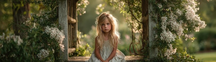Lily cotton under arbor crown concept. A serene moment captured of a young girl surrounded by blossoms.