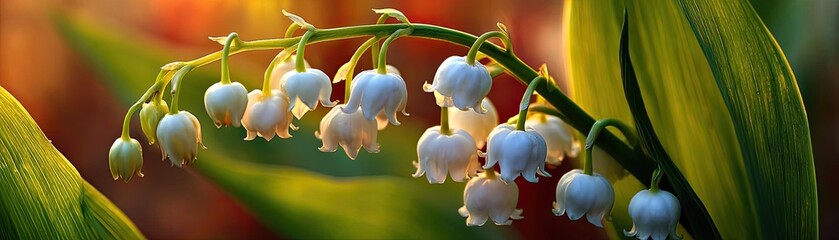 Lily cotton under arbor crown concept. Delicate white lily of the valley blossoms in natural sunlight.