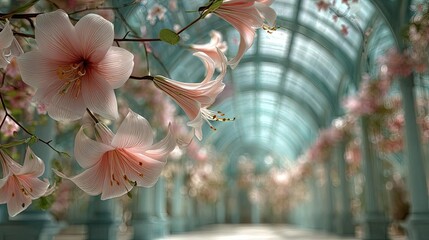 Lily cotton under arbor crown concept. A serene floral pathway with delicate pink blossoms in bloom.