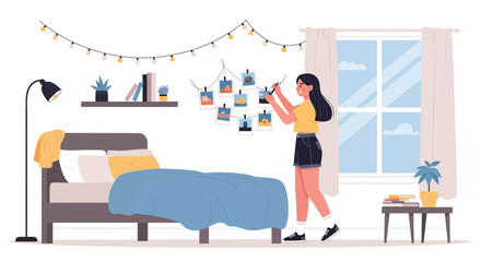 Hanging Up Memories Young Woman Decorates Bedroom With Photos And String Lights
