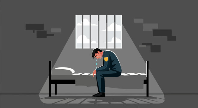 Guardsman Feeling Despair Sitting On Bed Inside Prison Cell With Window