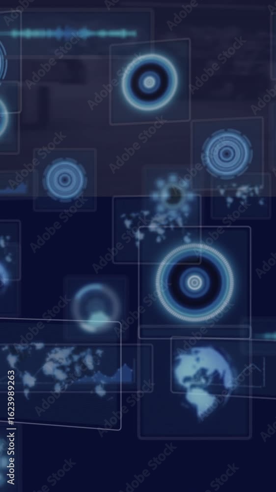 Aufkleber digital animation with world maps and target symbols over dark blue background