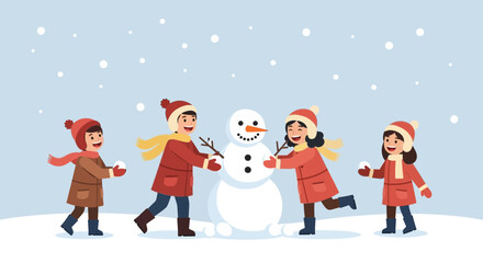 Fototapeta premium Happy Children Building Snowman In Winter Landscape Scene Togetherness