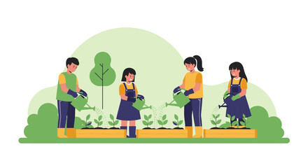 Fototapeta premium Happy Children Nurturing Plants Together In A Lush Green Community Garden