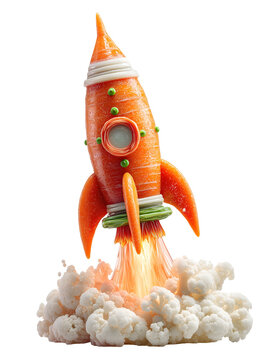 Naklejki Whimsical carrot rocket launching with cauliflower smoke isolated on transparent background, a creative and playful food art concept for children