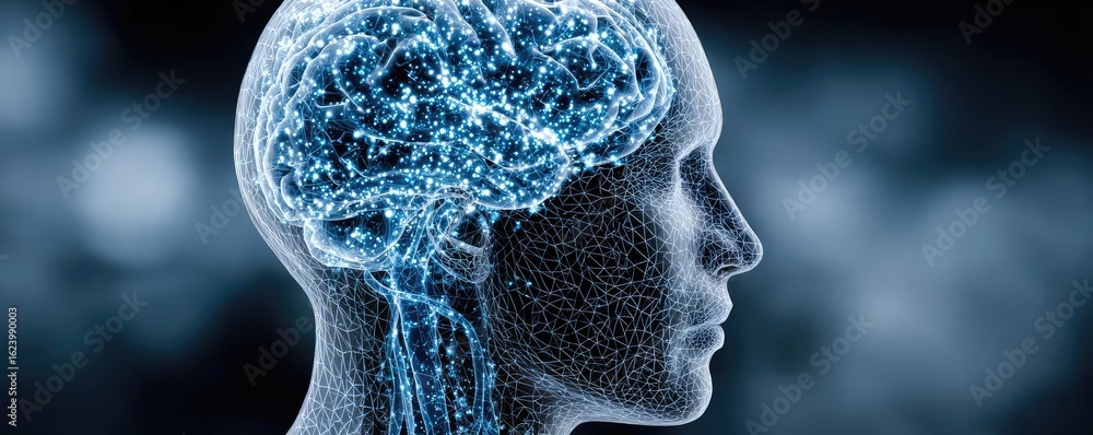 Poster mentally drained in daily burnout concept. abstract representation of the human brain with neural co