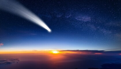 a spectacular comet streaks across the deep space with a glowing tail trailing behind the earths atmosphere can be seen below illuminated by the rising sun amidst the star filled sky