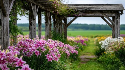 Lily cotton under arbor crown concept. A vibrant flower garden with a wooden trellis path in bloom.